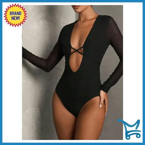 Deep V Neck Long Sleeve Bodysuit - Stretchy Party Top - Size XS-XXXXL - Picture 6 of 8